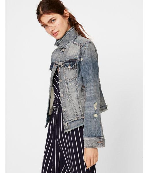 Express Womens Petite Denim Trucker Jacket With Frayed Hem