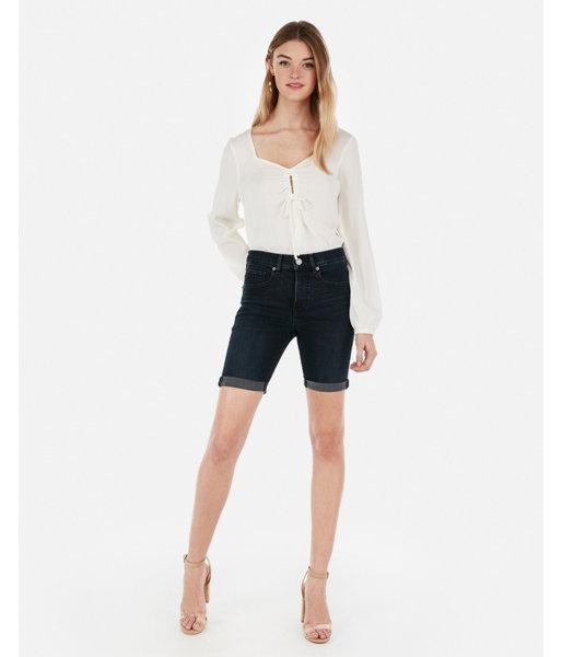 Express Womens High Waisted Denim Perfect Double Roll Bermuda