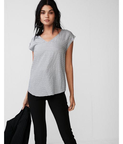 Express Womens Striped Rolled Sleeve V-neck Blouse