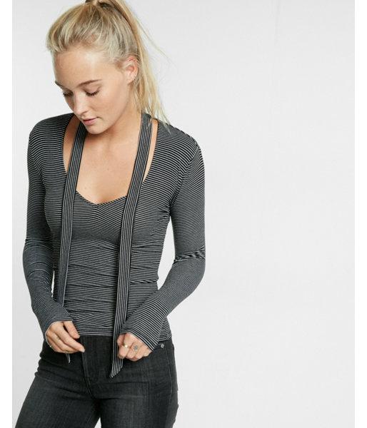 Express Womens Striped Ribbed Tie Neck Tee