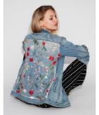Express Womens Floral Embroidered Back Denim Boyfriend Jacket