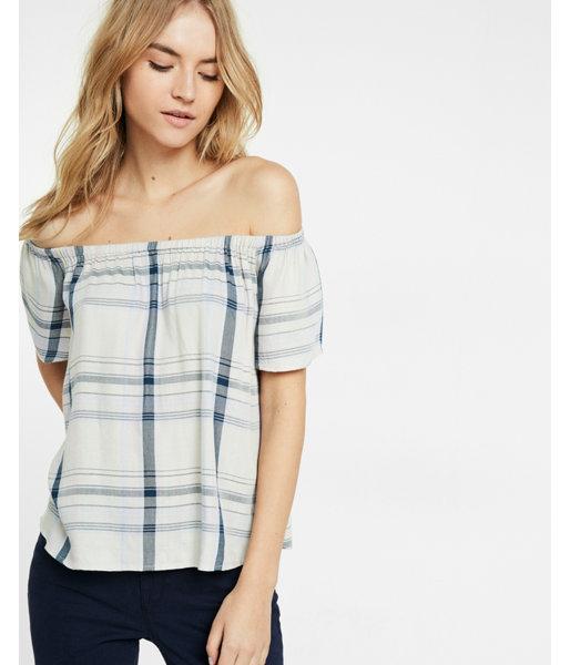 Express Petite Plaid Off The Shoulder Blouse