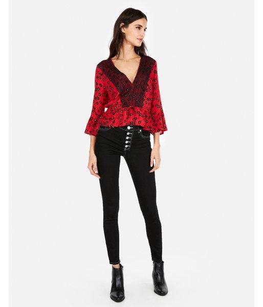 Express Womens Floral Deep V-neck Lace Front Peplum Top