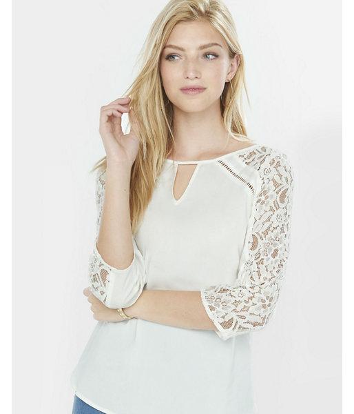 Express Womens Three-quarter Sleeve Lace Keyhole Blouse