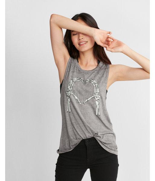 Express Womens Glitter Skeleton Heart Graphic Tank