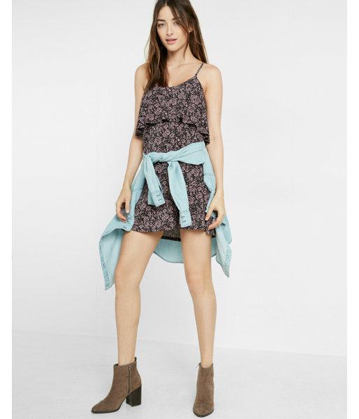 Express Womens Floral Print Ruffle Overlay Cami Dress