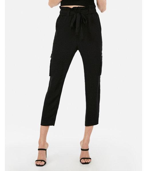 Express Womens High Waisted Satin Paperbag Cargo Jogger Pant