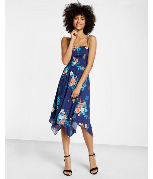 Express Womens Floral Tie-strap Smocked Fit And Flare Dress