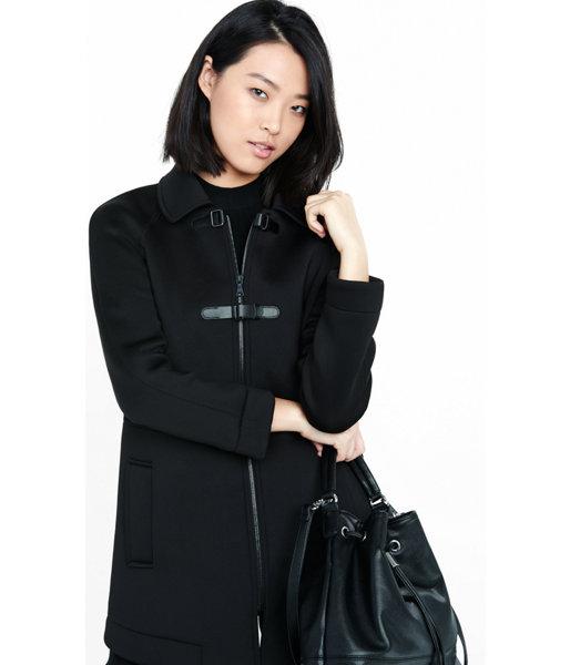 Express Women's Outerwear Black Scuba Buckle Trenchcoat