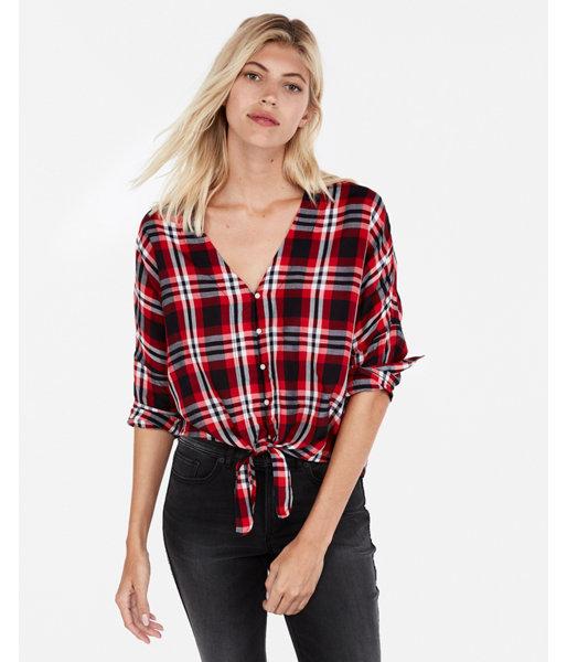 Express Womens Plaid Tie Hem Long