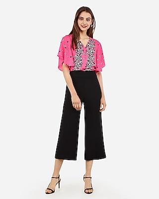 Express Womens Floral Flutter Sleeve Button Front Top