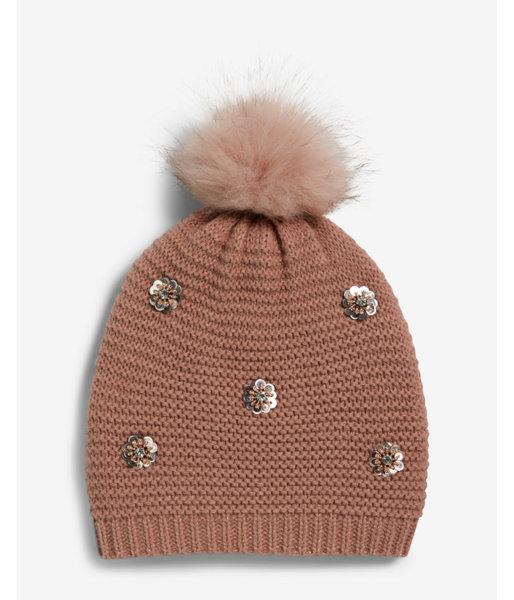 Express Womens Sequin Flower Embellished Pom Beanie