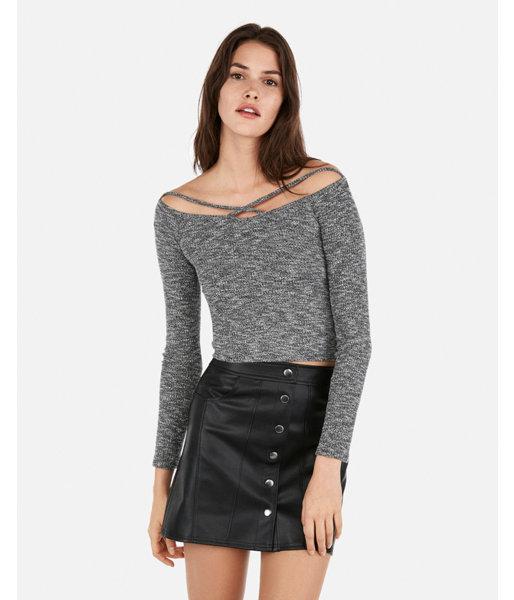 Express Womens Express Womens Express One Eleven Strappy Rib Off The Shoulder Cropped Tee