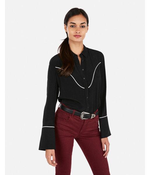 Express Womens Western Piped Flare Sleeve Button Up