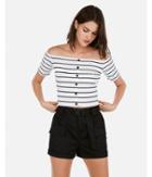 Express Womens Express Womens Olivia Culpo Striped Cropped Off The Shoulder Button Top