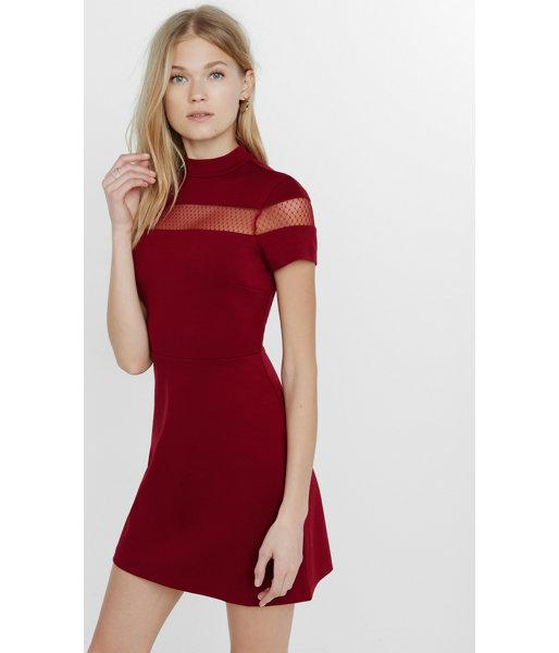 Express Women's Dresses Mock Neck Mesh Inset A-line Dress