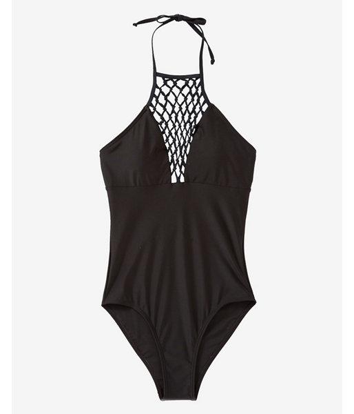 Express Womens Black Macrame High Crochet Neck One-piece
