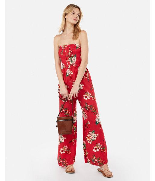 Express Womens Floral Strapless Smocked Button Bodice Jumpsuit