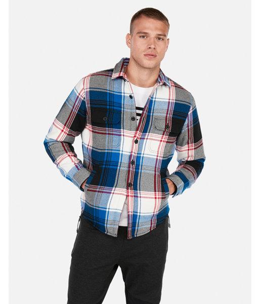 Express Mens Plaid Fleece-lined Flannel Overshirt