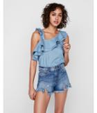 Express Womens Double Ruffle One Shoulder Denim Top