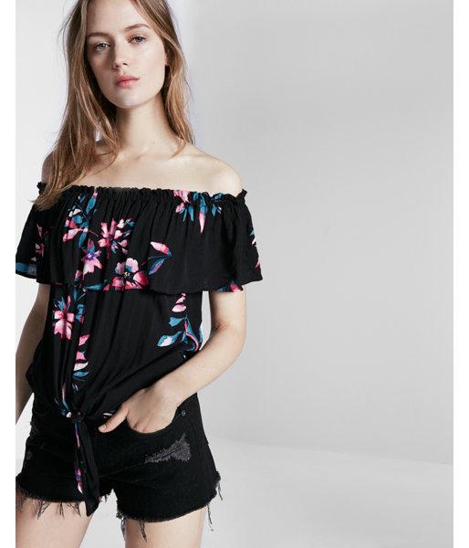Express Womens Petite Off The Shoulder Tie Front Blouse