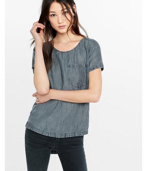 Express Womens Gray Soft Woven Short Sleeve Pocket Tee