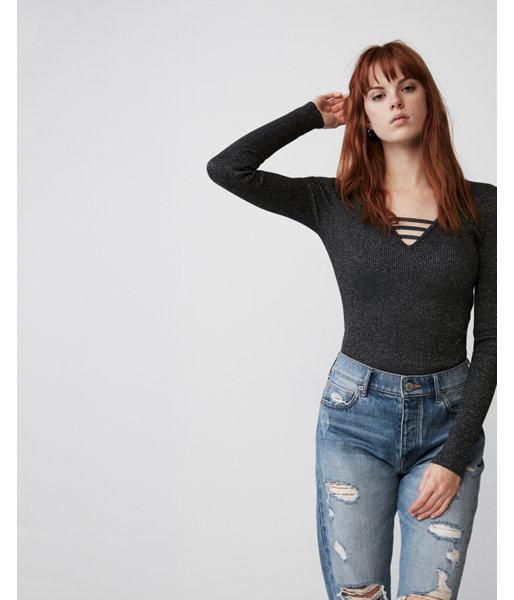 Express Womens Lurex Bar Front Fitted V-neck Pullover