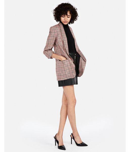 Express Womens Plaid Ruched Sleeve Boyfriend Blazer