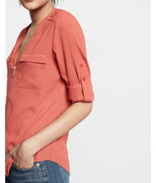 Express Petite Long Sleeve Zip Front Blouse