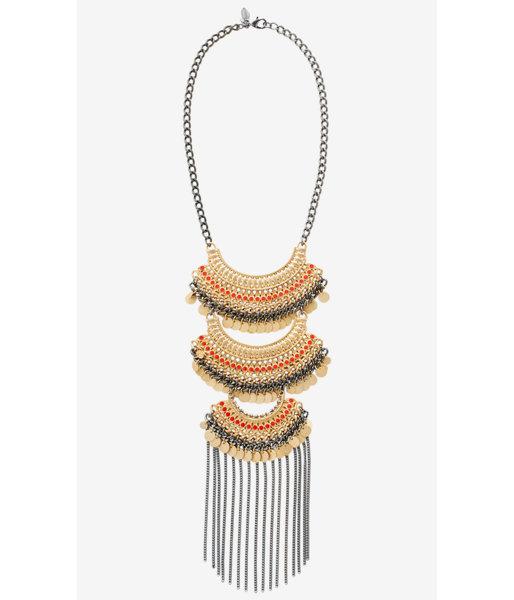 Express Women's Jewelry Tiered Necklace With Disk Charms And Fringe