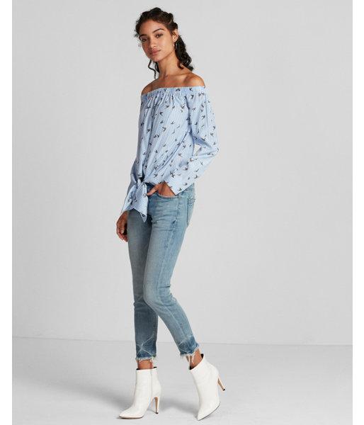 Express Striped Bird Off The Shoulder Tie Front Blouse