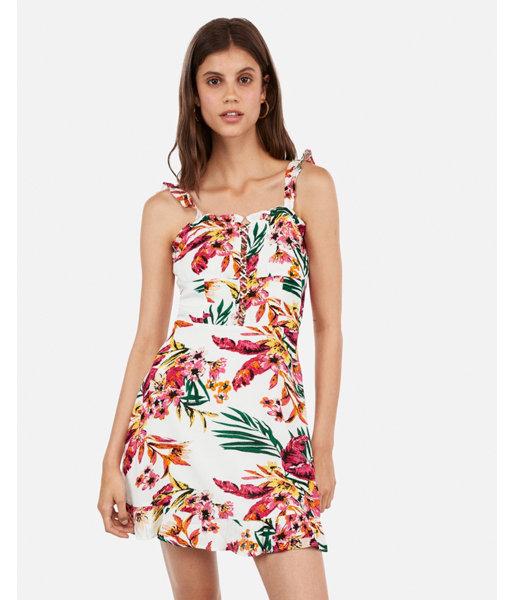 Express Womens Floral Print Lace-up Ruffle Fit And Flare Dress