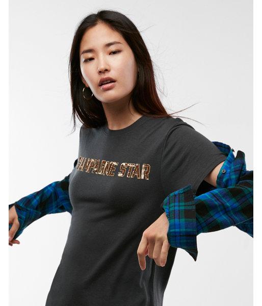 Express Womens Champagne Star Sequin Graphic Tee