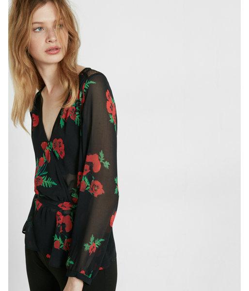 Express Womens Floral Print Semi-sheer Surplice Blouse