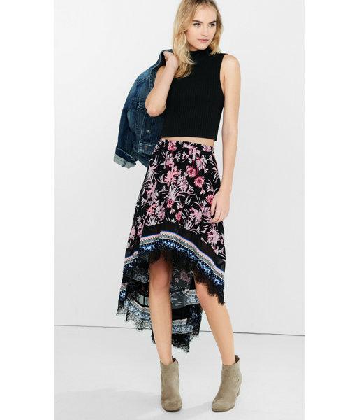 Express Women's Skirts Floral Print Hi-lo Lace Hem