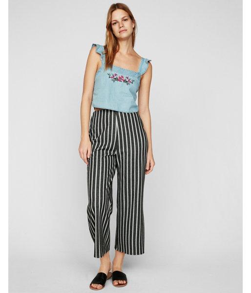 Express Womens Denim Floral Embroidered Ruffle Shoulder Crop Top