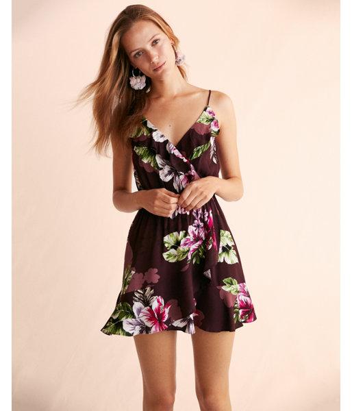 Express Womens Sleeveless Floral Ruffle Wrap Front Dress