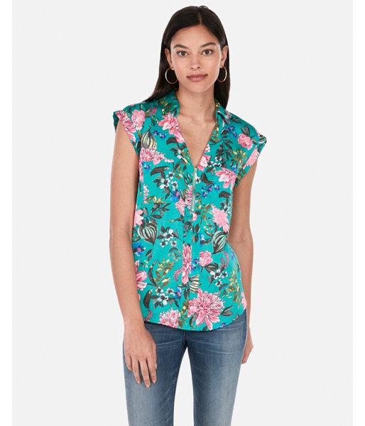 Express Womens Floral Satin Short Sleeve Zip Front Chelsea Popover