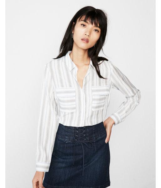 Express Womens Petite Stripe Round Hem City Shirt By Express