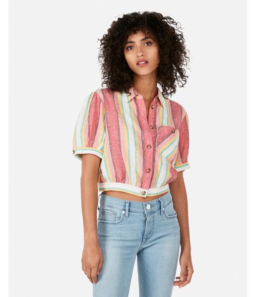 Express Womens Striped Cropped Button Front Linen-blend Pocket Tee