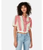 Express Womens Striped Cropped Button Front Linen-blend Pocket Tee
