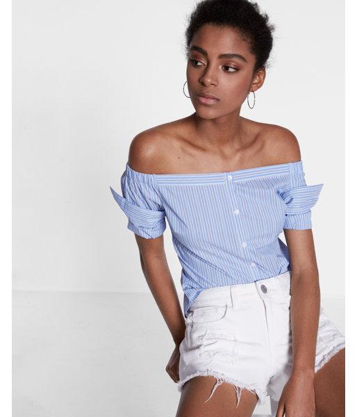 Express Striped Off The Shoulder Button Front Blouse