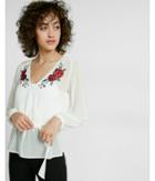 Express Womens Petite Embroidered Sheer Deep V Surplice Blouse