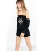 Express Women's Rompers & Jumpsuits Black Embroidered Off-the-shoulder Romper