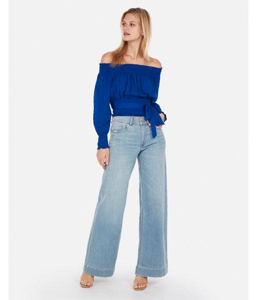 Express Womens Smocked Off The Shoulder Paperbag Top