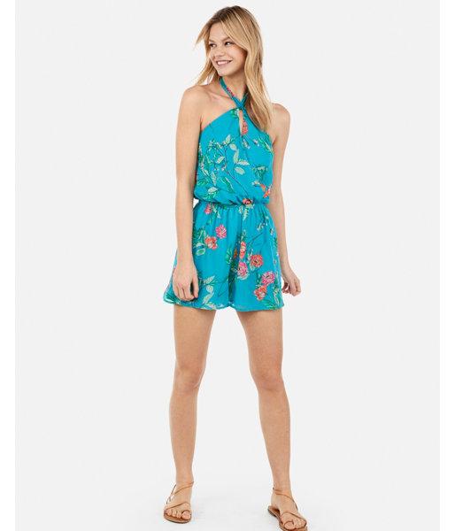 Express Womens Floral Cross-neck Open Back Romper