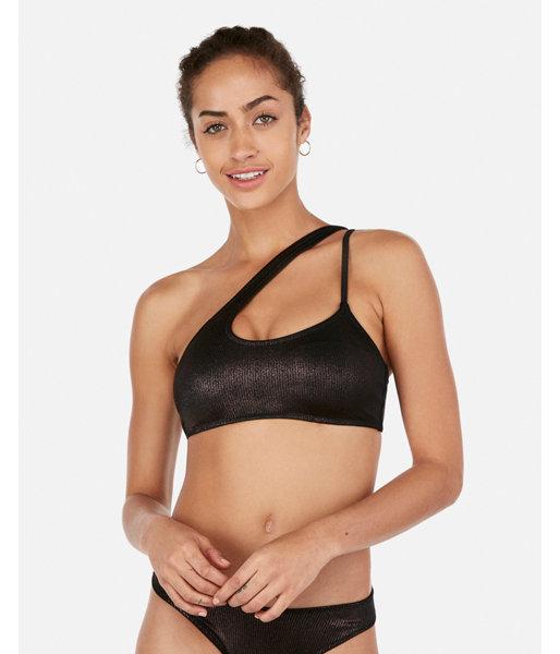 Express Womens Express Womens Metallic Bronze Ribbed Strappy One Shoulder Bikini Top