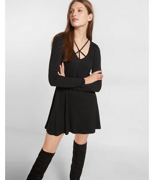 Express Strappy Long Sleeve Trapeze Dress