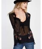 Express Womens Embroidered Sheer Deep V Neck Blouse