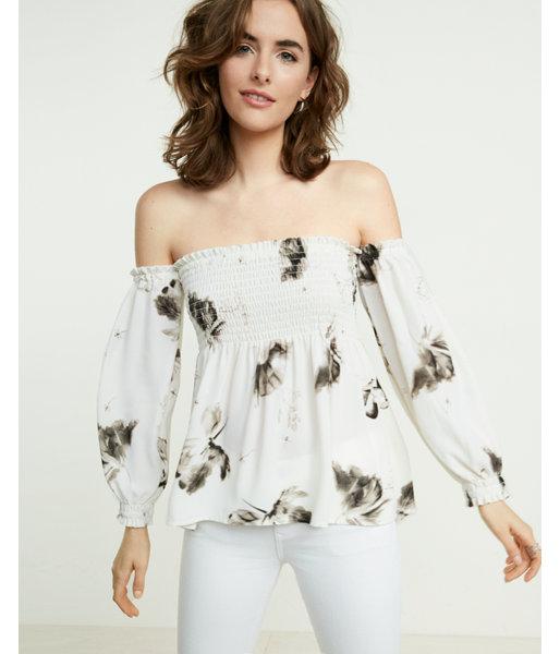 Express Off The Shoulder Smocked Floral Blouse